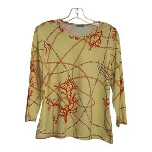J. McLaughlin Yellow w/ Coral Print Top Nautical Chain Long Sleeve Blouse Size L